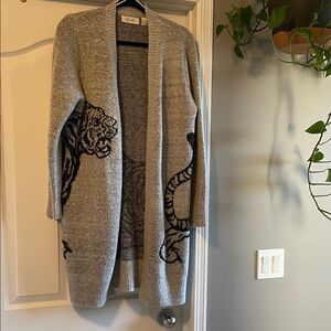 Gray Open Longline Cardigan with Tiger Women’s Size Medium